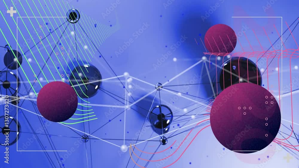 Poster animation of geometric shapes and lines forming network on blue background