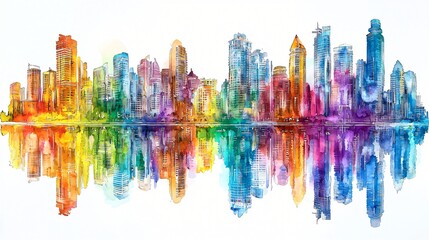 Colorful city skyline reflection, urban landscape, watercolor art, cityscape design
