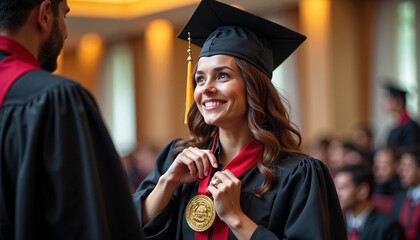 Graduating woman smiles proudly while receiving medal indoors