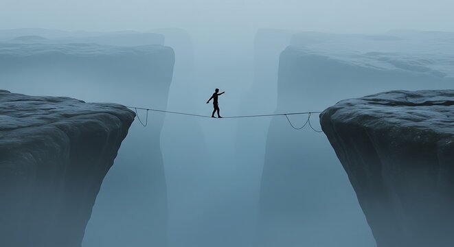 high stakes balancing act, tightrope walker, deep chasm, misty atmosphere, dramatic landscape, daring feat, silhouette figure, precarious journey, vast gap between cliffs, foggy abyss, courage, risk-t