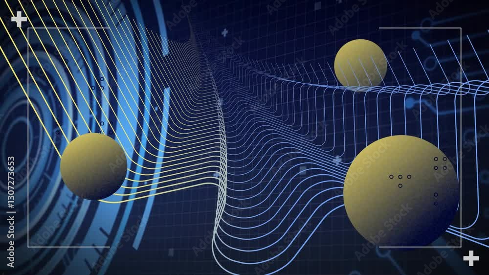 Aufkleber animation of 3d spheres with wavy lines on dark grid background