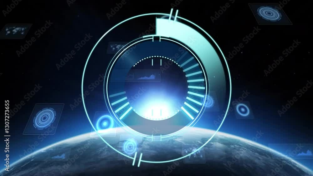 Poster animation of glowing circular interface elements over earth from space
