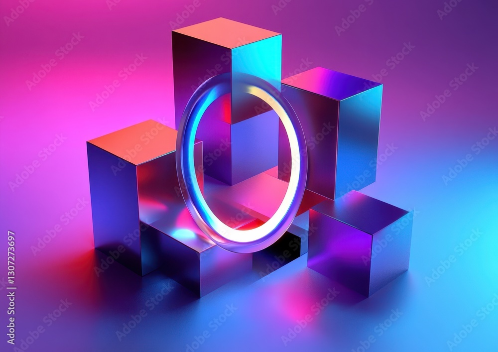 Poster futuristic abstract composition featuring colorful illuminated geometric shapes and glowing circular