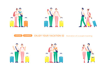 ガイドブックやタブレットを使う旅行者。スーツケースを持った観光客のイラストセット。 © anna