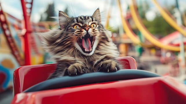 Cute cat on roller coaster ride amusement park adventure fantasy world thrilling environment playful viewpoint