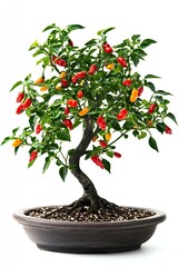 Photo of a pepper bonsai tree with vibrant red and green peppers isolated on white background 