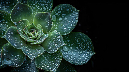an aeonium arboreum's rosette showcases its green details, its vibrant red color, and the water drops on it.