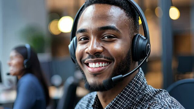 Smiling Customer Service Agent: A friendly and approachable African-American male customer service agent beams with a warm, genuine smile while wearing a headset, ready to assist customers.