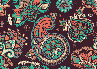 Seamless paisley pattern in Oriental style with floral and ethnic motifs for printed fabric, wallpaper, and packaging