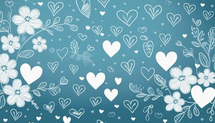 soft blue background with hand drawn white hearts and flowers