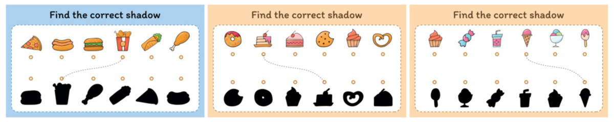 find a suitable shade. connect the drawings. delicious food. game. an intellectual game for children. vector. shadow. connect the lines.