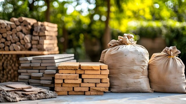 A collection of building materials including stacked bricks, bags of cement or soil, and wooden planks in a natural setting. Concept Building Materials Collection, Stacked Bricks, Cement Bags