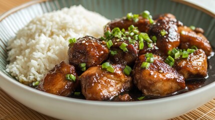 Delicious and Savory Chicken Dish Served with Fragrant Jasmine Rice and Garnished with Fresh Chopped Green Onions in Elegant Bowl