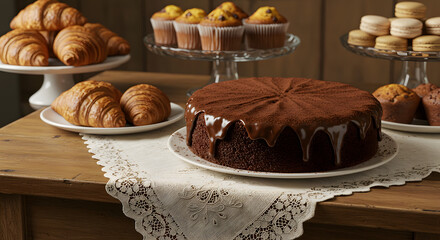 fresh chocolate muffins with chocolate cake and croissant