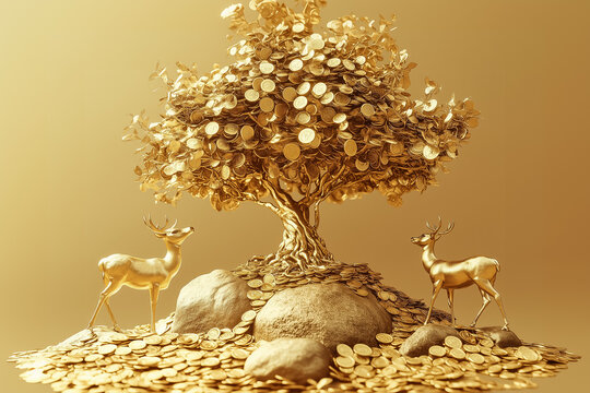 Golden Tree With Coin Leaves, Surrounded By Deer, In Traditional Chinese Style