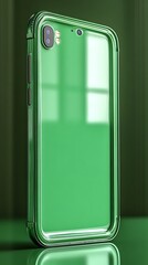 Phone with case reflects green curtains