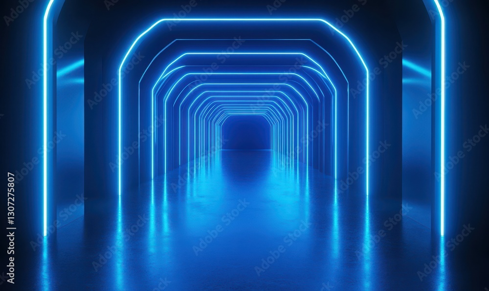 Poster futuristic corridor with glowing blue neon lights creating an immersive atmosphere in a modern archi