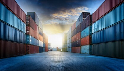 Fototapeta premium a moody scene featuring stacks of shipping containers illuminated by an ethereal light