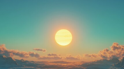 sunset, low-angle, blue solid background, bright golden sun sinking into the blue sky, soft light transitioning into evening coolness.