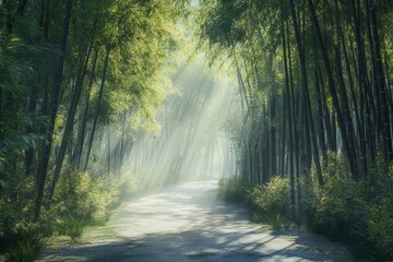 Fototapeta premium Sunlight filters through tall bamboo trees in a peaceful forest pathway