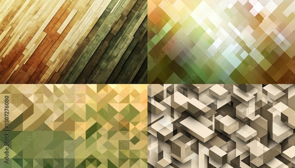 Poster Abstract mosaic patterns with diverse geometric and angular compositions in multiple color palettes