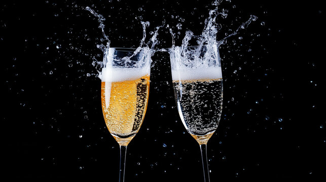 Champagne being poured into crystal flutes with splash effect, celebration