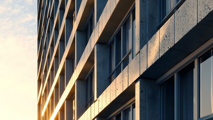 Fototapeta premium A close-up view of a modern building's facade, featuring concrete walls and windows reflecting sunlight. Concept Modern Architecture, Concrete Facade, Sunlight Reflection, Urban Design