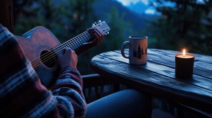 A person in a plaid shirt plays guitar on a cozy balcony, with coffee and a candle on the table.