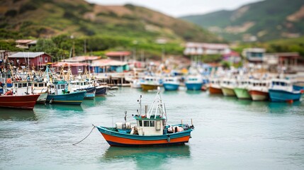 Colorful fishing boats in harbor, coastal village background