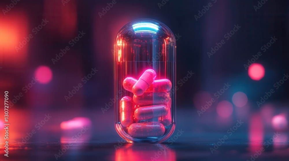 Poster futuristic transparent pill bottle showcases glowing capsules in a cyberpunk environment generative 