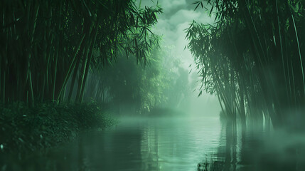 Serene bamboo forest water landscape with dense fog and dramatic lighting evoking mystery 