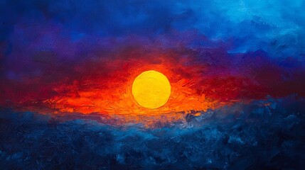 Naklejka premium sunset, top view, indigo solid background, brilliant sun setting in a rich, deep blue sky, intense oranges and purples blending across the horizon.