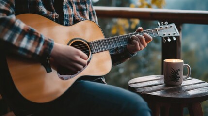 A person in a plaid shirt plays guitar on a cozy balcony, with coffee and a candle on the table.