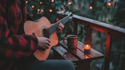A person in a plaid shirt plays guitar on a cozy balcony, with coffee and a candle on the table.