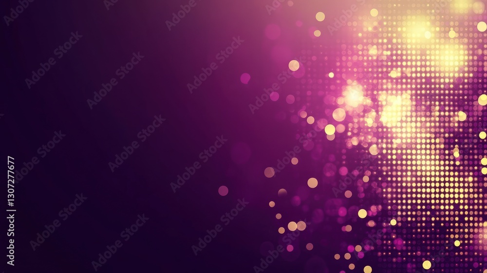 Poster abstract background with purple and gold hues pixelated texture and bokeh effect with digital partic