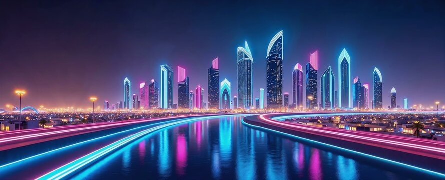 Futuristic skyline of Riyadh glowing with vibrant neon lights