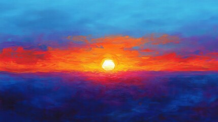 Fototapeta premium sunset, top view, indigo solid background, brilliant sun setting in a rich, deep blue sky, intense oranges and purples blending across the horizon.