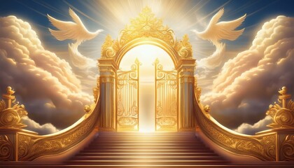majestic golden gates of heaven with divine light clouds and heavenly stairway to paradise throne