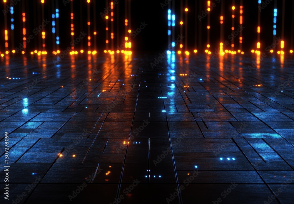 Poster futuristic digital environment with glowing lights reflections on a shiny floor, creating an immersi
