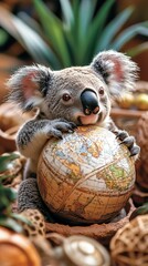 Naklejka premium Cute koala holding vintage globe surrounded by natural elements, exploring the world concept