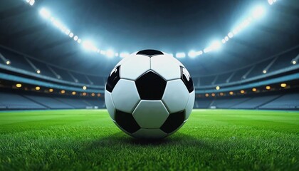Obraz premium Photorealistic soccer ball on a pristine green field in an empty stadium
