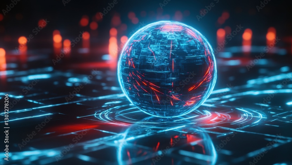 Poster futuristic digital globe surrounded by illuminated lines and nodes on a high-tech background for mod