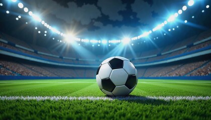 Soccer game kickoff with spotlight on the ball in a vibrant stadium