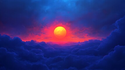 sunset, top view, indigo solid background, brilliant sun setting in a rich, deep blue sky, intense oranges and purples blending across the horizon.