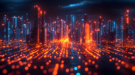 3D futuristic cityscape with SDN-powered intelligent traffic routing for seamless digital communication