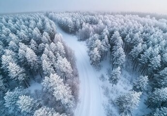 Aerial view of a snow-covered forest with a road, drone photography, winter landscape