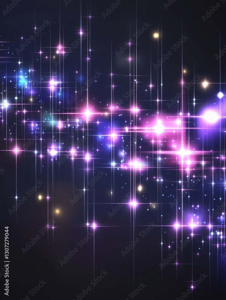 Poster abstract glowing star particles with violet and blue lights on dark background creating a sense of m