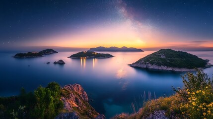 Fototapeta premium Islands reflecting lights under a beautiful twilight starry night sky