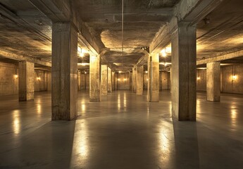 An empty underground parking lot with dimly lit lights, creating an eerie and mysterious atmosphere.
