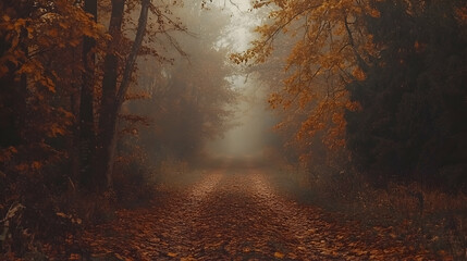 Misty autumn path beckons with vibrant foliage and a peaceful forest atmosphere
